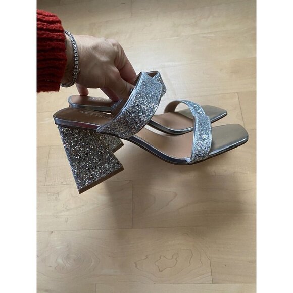 ABOUND "Carina" Block Triangle Heel Sandals Silver Glitter Slides - Picture 4 of 11